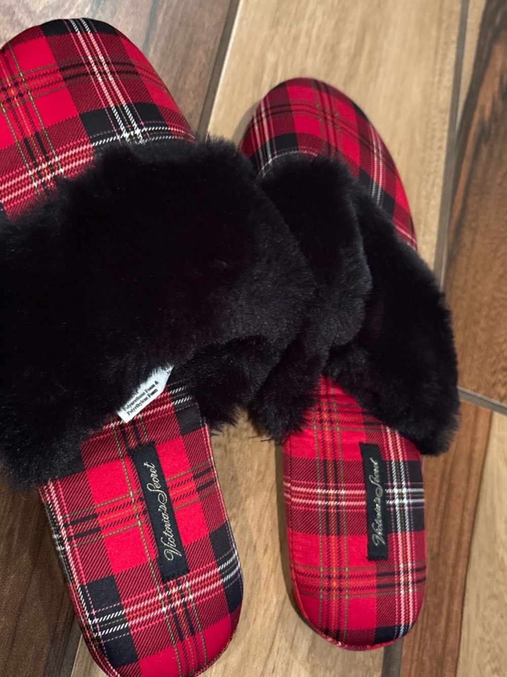 Victoria's Secret Red Plaid Slide Slippers with Black Faux Fur